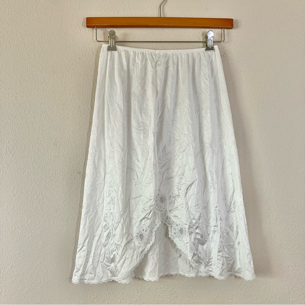 Vintage DEENA Half Slip White M Lace Trim Slit Knee Length Elastic 80s USA Trad